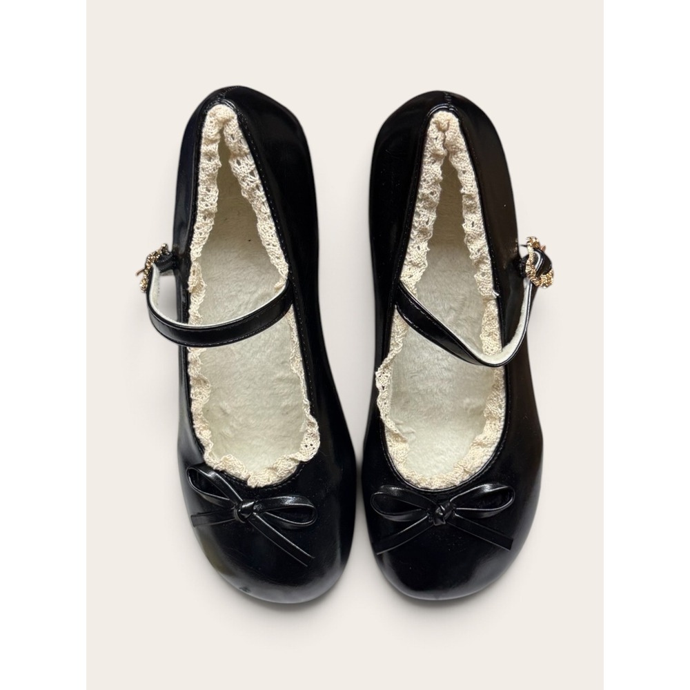 ROMWE Kawaii Black Mary Jane Flats Lace Trim Faux Fur Lined Bow Heart Buckle 40